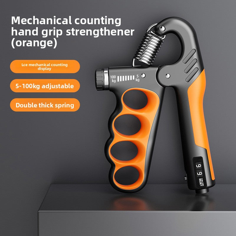 Orange and black hand grip strength device with counter by FitGearMonarch, featuring an adjustable resistance spring.
