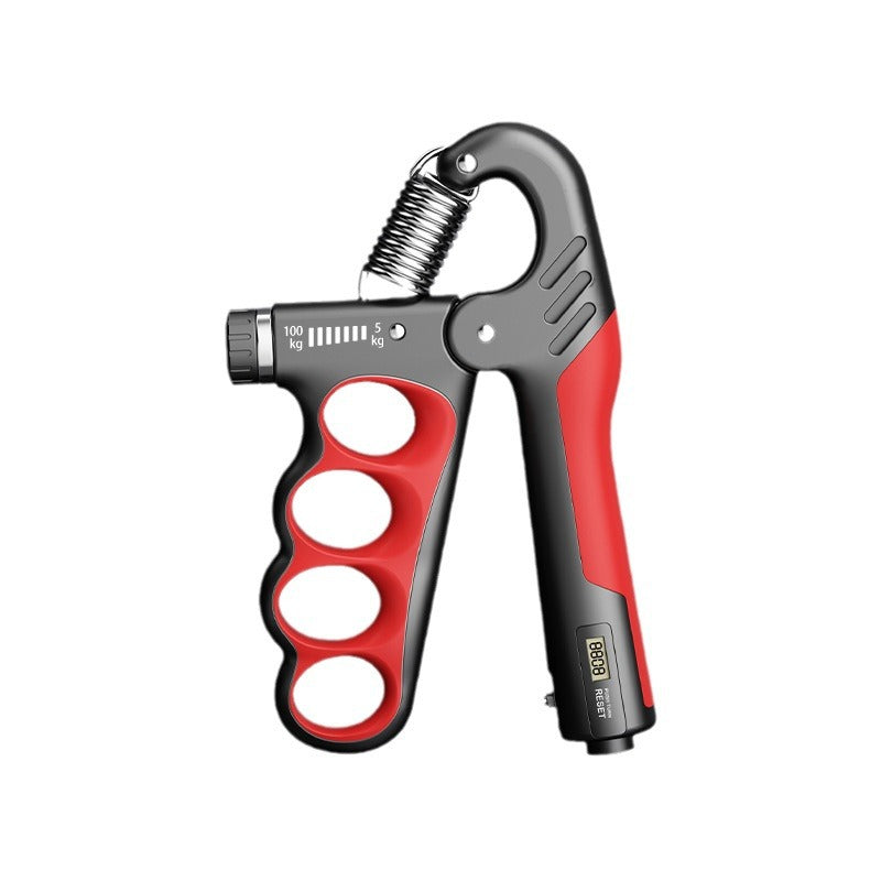 Adjustable grip strength device by FitGearMonarch with red accents, a chrome spring, and a digital counter.