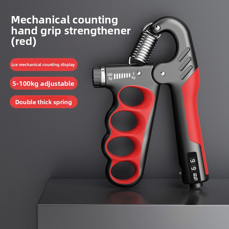 Red mechanical counting grip strength device for men by FitGearMonarch with adjustable resistance and double thick spring.