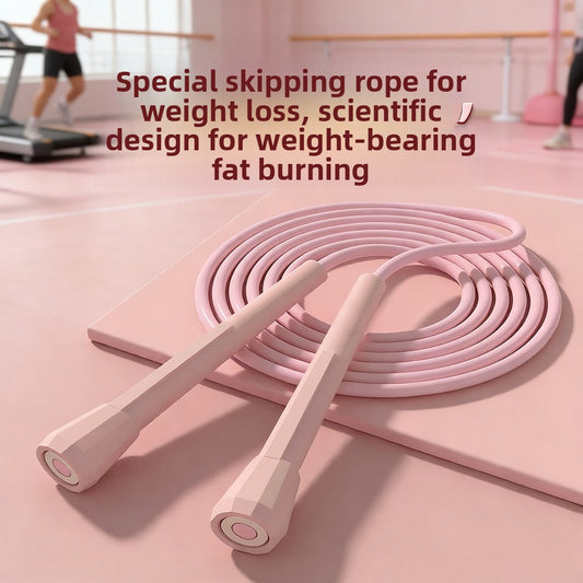 Pink jump rope for fitness and weight loss by FitGearMonarch, coiled on a pink mat, with pink handles.