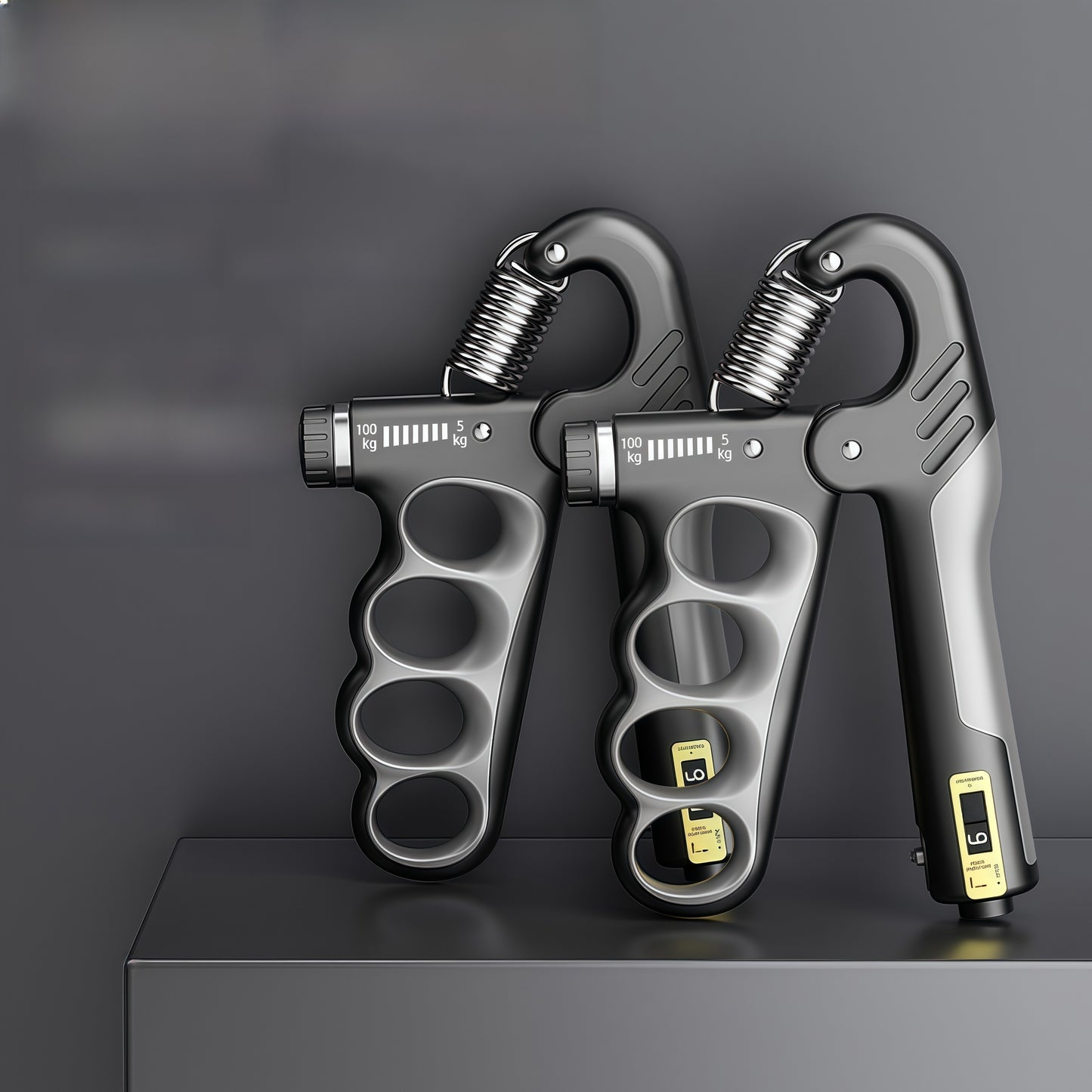 Black adjustable hand strengtheners by FitGearMonarch displayed on a gray platform.
