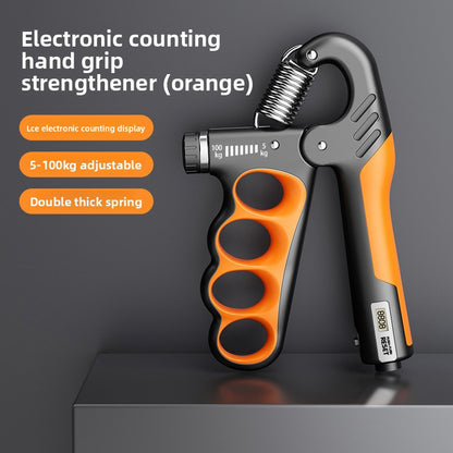 Orange grip strength device for hand exercise by FitGearMonarch with electronic counting display and adjustable resistance.
