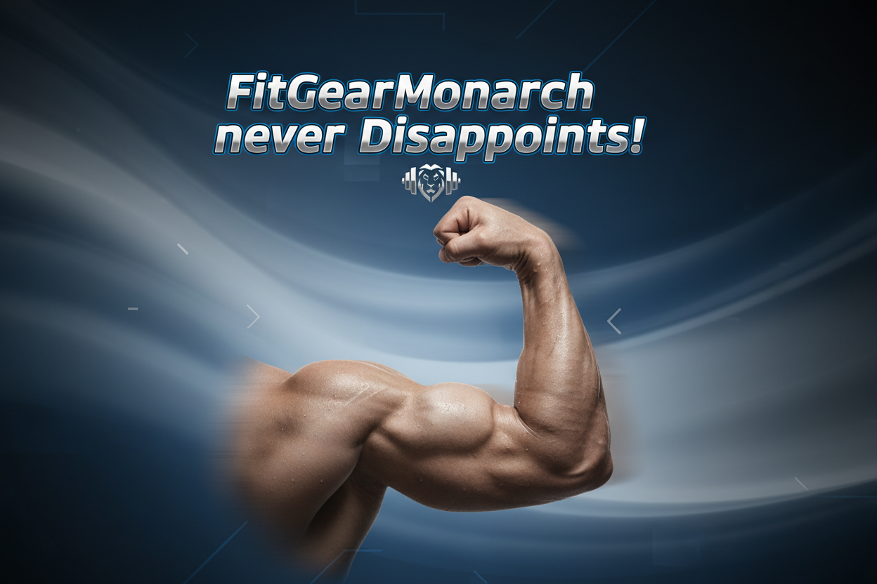 generate me a blue and gray backgroundwith a strong arm saying FitGearMonarch never Dissapoints!